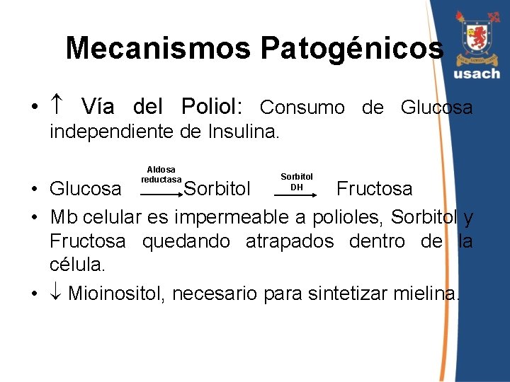 Mecanismos Patogénicos • Vía del Poliol: Consumo de Glucosa independiente de Insulina. Aldosa reductasa