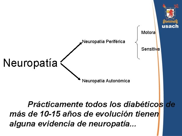 Motora Neuropatía Periférica Sensitiva Neuropatía Autonómica Prácticamente todos los diabéticos de más de 10