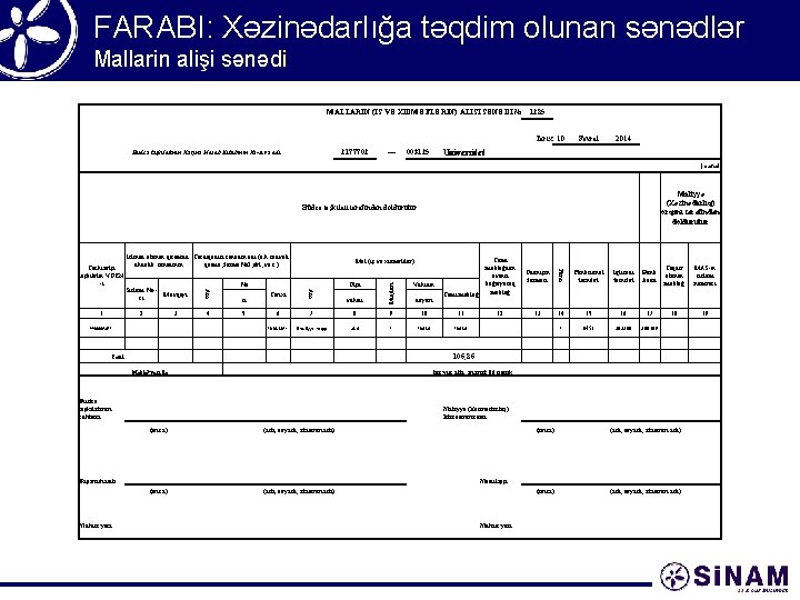 FARABI: Xəzinədarlığa təqdim olunan sənədlər Mallarin alişi sənədi MALLARIN (İŞ VƏ XİDMƏTLƏRİN) ALIŞI SƏNƏDİ