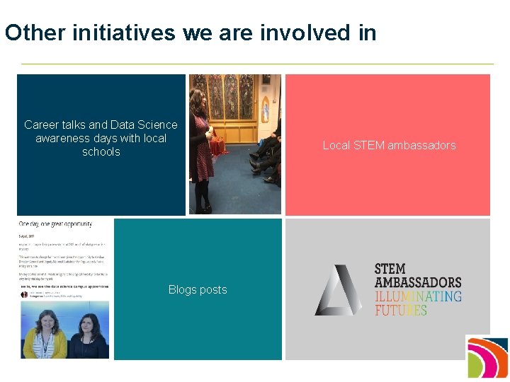 Other initiatives we are involved in Career talks and Data Science awareness days with