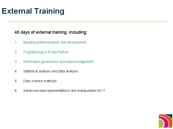 External Training 40 days of external training, including; 1. Building professionalism and development 2.