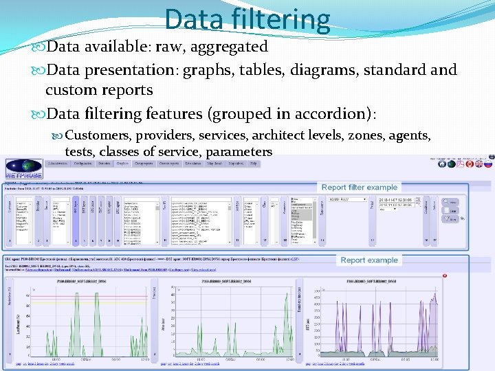 Data filtering Data available: raw, aggregated Data presentation: graphs, tables, diagrams, standard and custom