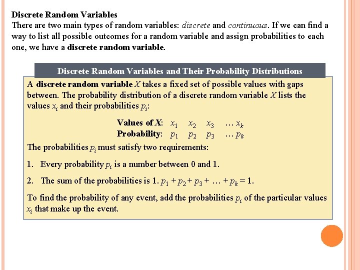 Discrete Random Variables There are two main types of random variables: discrete and continuous.
