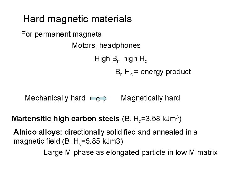 Hard magnetic materials For permanent magnets Motors, headphones High Br, high Hc Br Hc