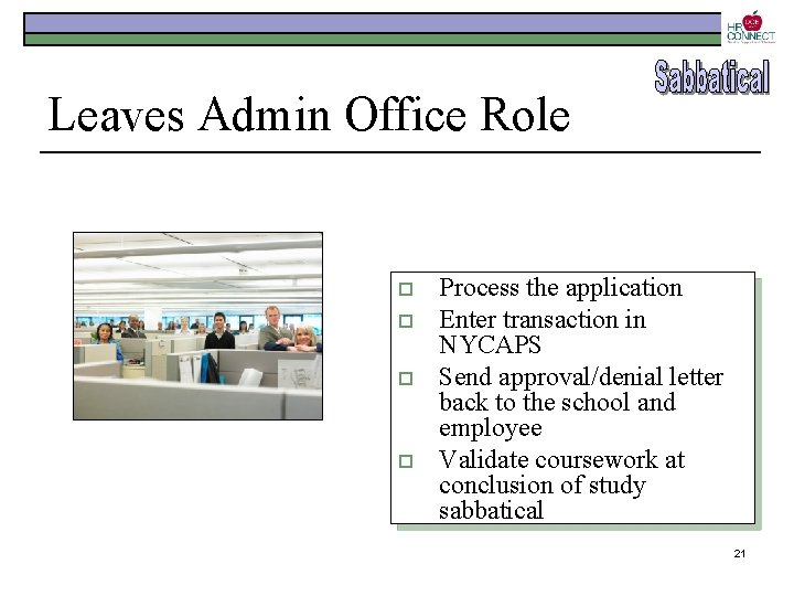 Leaves Admin Office Role o o Process the application Enter transaction in NYCAPS Send