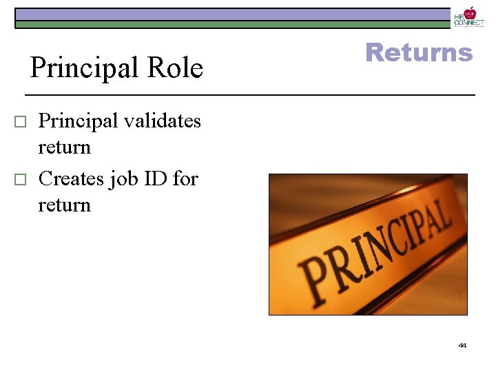 Principal Role o o Returns Principal validates return Creates job ID for return 44