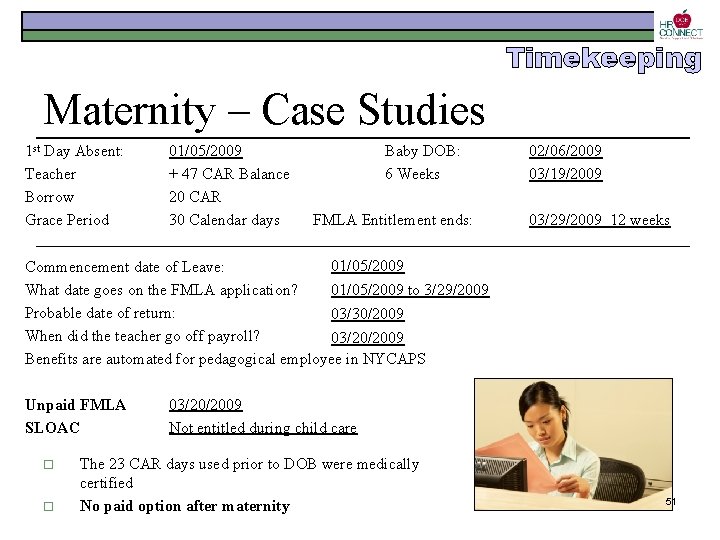 Timekeeping Maternity – Case Studies 1 st Day Absent: Teacher Borrow Grace Period 01/05/2009