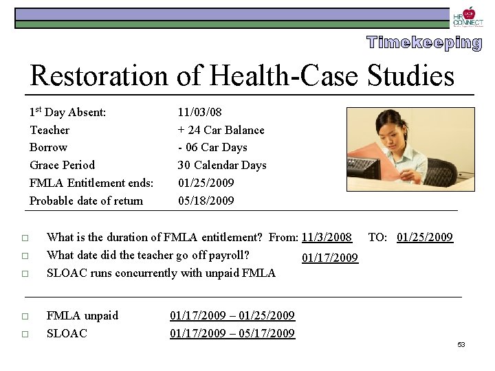 Timekeeping Restoration of Health-Case Studies 1 st Day Absent: Teacher Borrow Grace Period FMLA