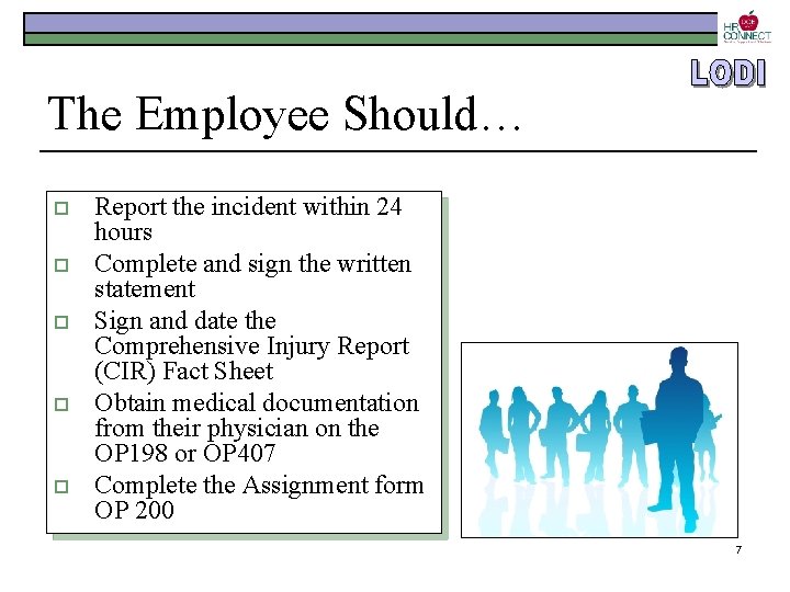 The Employee Should… o o o Report the incident within 24 hours Complete and