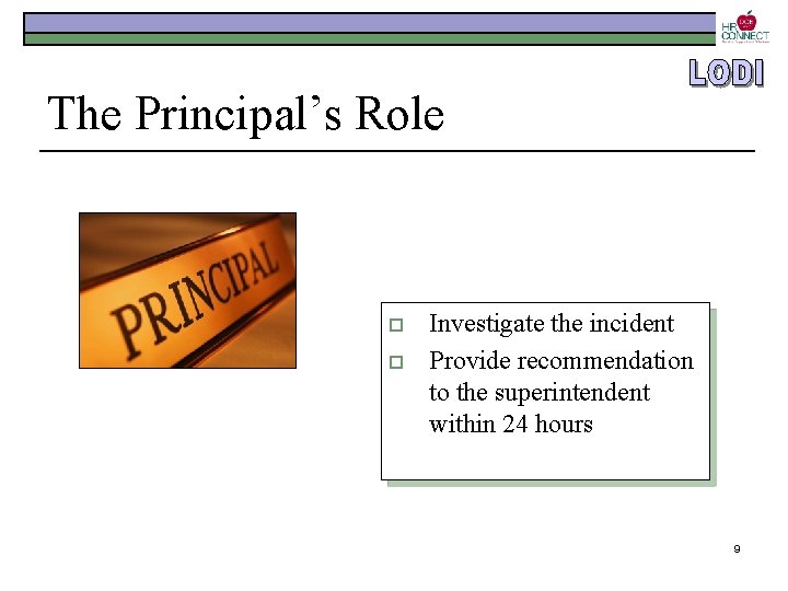 The Principal’s Role o o Investigate the incident Provide recommendation to the superintendent within