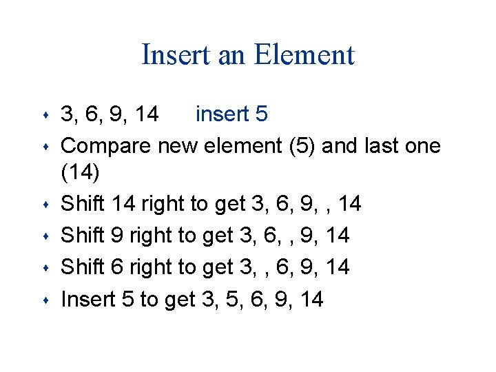 Insert an Element s s s 3, 6, 9, 14 insert 5 Compare new Insert an Element s s s 3, 6, 9, 14 insert 5 Compare new