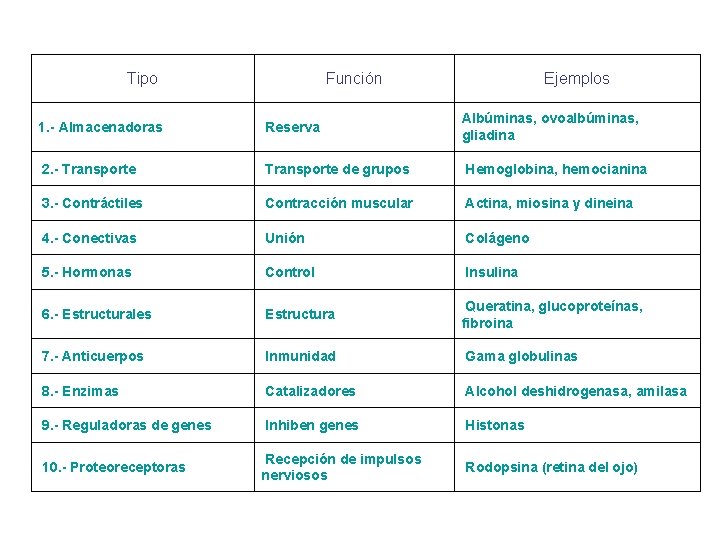 Tipo Función Ejemplos 1. - Almacenadoras Reserva Albúminas, ovoalbúminas, gliadina 2. - Transporte de