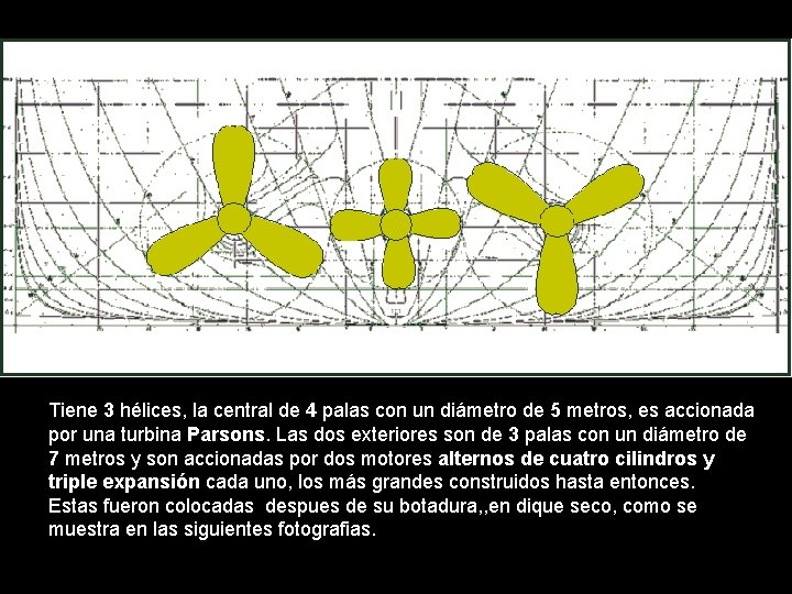 Tiene 3 hélices, la central de 4 palas con un diámetro de 5 metros,