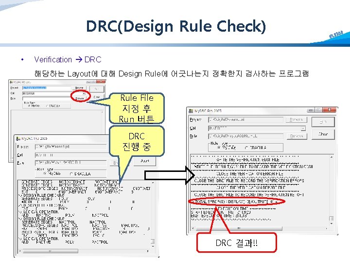 DRC(Design Rule Check) • Verification DRC 해당하는 Layout에 대해 Design Rule에 어긋나는지 정확한지 검사하는