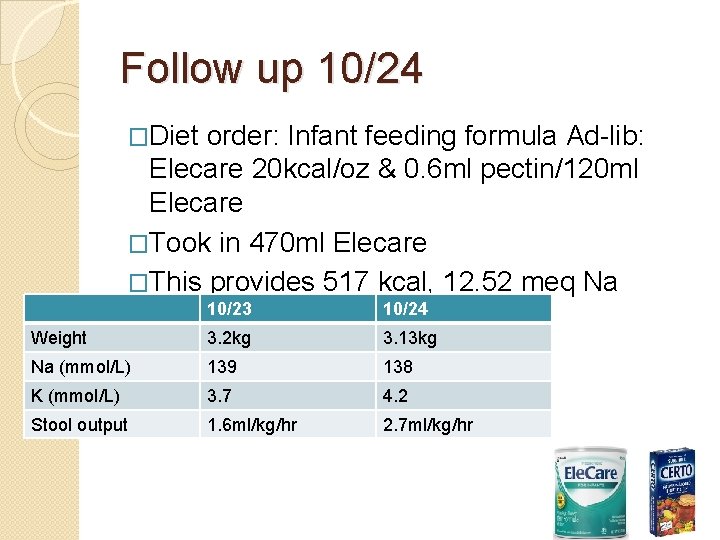 Follow up 10/24 �Diet order: Infant feeding formula Ad-lib: Elecare 20 kcal/oz & 0.