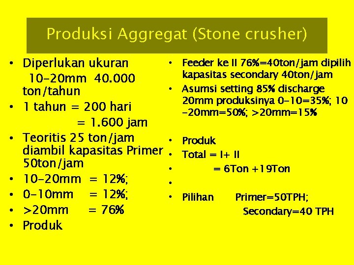 Produksi Aggregat (Stone crusher) • Diperlukan ukuran 10 -20 mm 40. 000 ton/tahun •