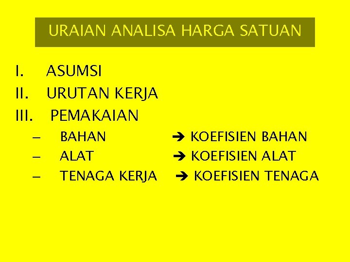 URAIAN ANALISA HARGA SATUAN I. ASUMSI II. URUTAN KERJA III. PEMAKAIAN – – –