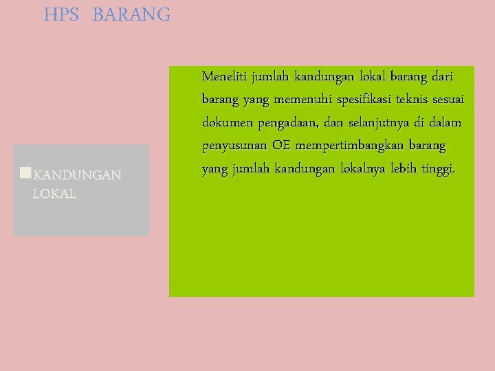HPS BARANG n. KANDUNGAN LOKAL Meneliti jumlah kandungan lokal barang dari barang yang memenuhi