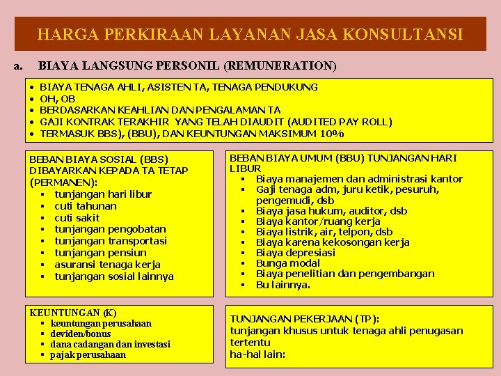 HARGA PERKIRAAN LAYANAN JASA KONSULTANSI a. BIAYA LANGSUNG PERSONIL (REMUNERATION) • • • BIAYA