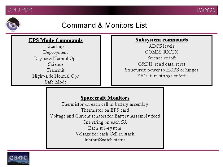 DINO PDR 11/3/2020 Command & Monitors List EPS Mode Commands Subsystem commands Start-up Deployment