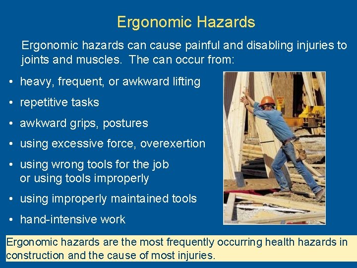 Ergonomic Hazards Ergonomic hazards can cause painful and disabling injuries to joints and muscles.