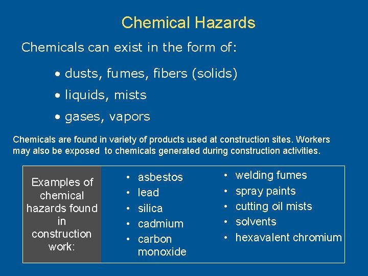 Chemical Hazards Chemicals can exist in the form of: • dusts, fumes, fibers (solids)