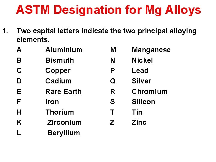 ASTM Designation for Mg Alloys 1. Two capital letters indicate the two principal alloying