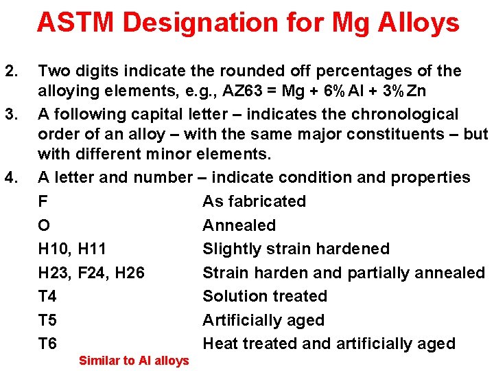 ASTM Designation for Mg Alloys 2. 3. 4. Two digits indicate the rounded off