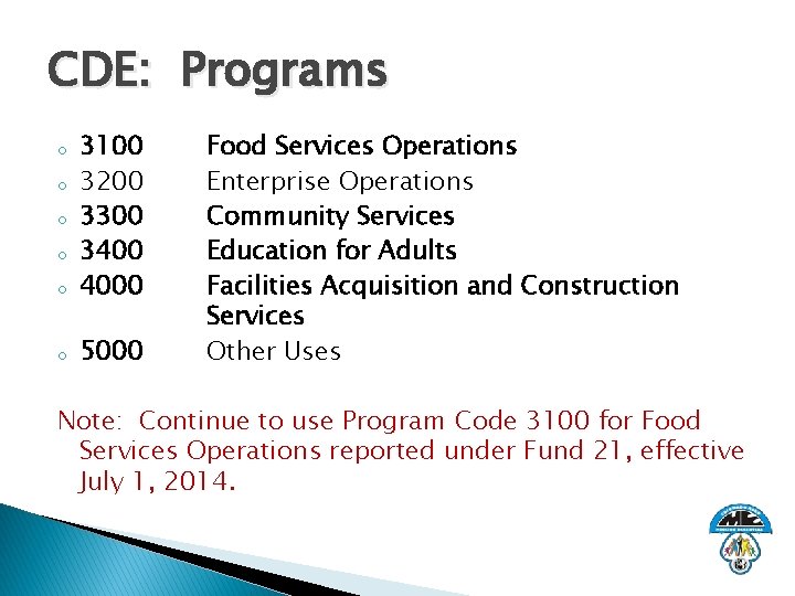 CDE: Programs o 3100 3200 3300 3400 4000 o 5000 o o Food Services