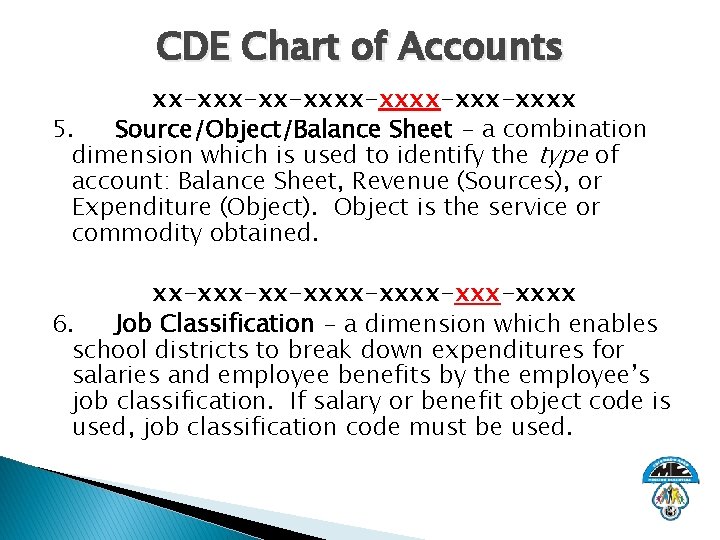 CDE Chart of Accounts xx-xx-xxxx-xxxx 5. Source/Object/Balance Sheet - a combination dimension which is