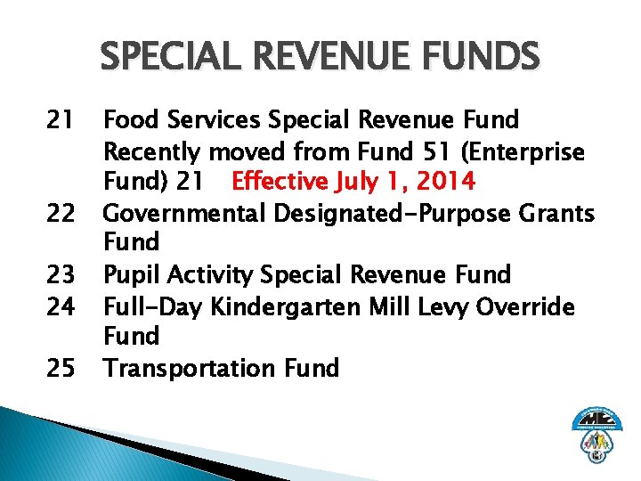 SPECIAL REVENUE FUNDS 21 22 23 24 25 Food Services Special Revenue Fund Recently
