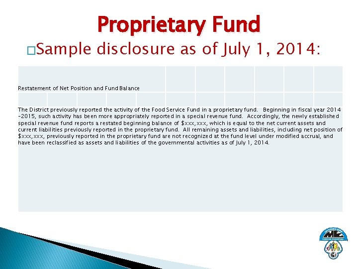 �Sample Proprietary Fund disclosure as of July 1, 2014: Restatement of Net Position and