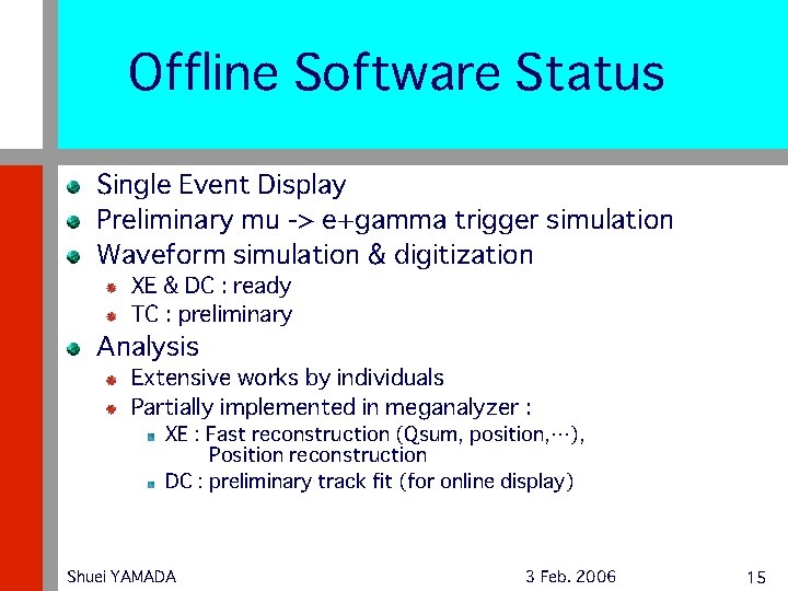 Offline Software Status Single Event Display Preliminary mu -> e+gamma trigger simulation Waveform simulation