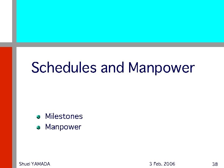 Schedules and Manpower Milestones Manpower Shuei YAMADA 3 Feb. 2006 38 