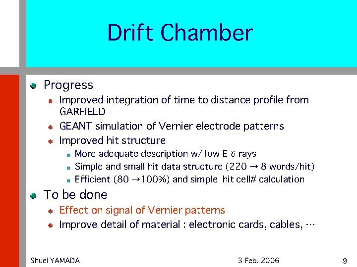 Drift Chamber Progress Improved integration of time to distance profile from GARFIELD GEANT simulation