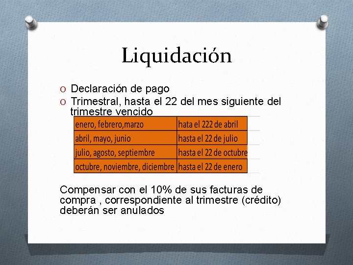 Liquidación O Declaración de pago O Trimestral, hasta el 22 del mes siguiente del