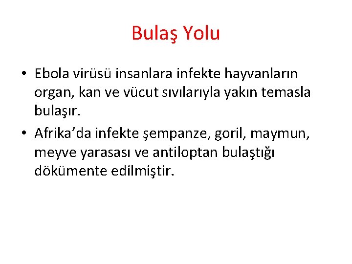 Bulaş Yolu • Ebola virüsü insanlara infekte hayvanların organ, kan ve vücut sıvılarıyla yakın