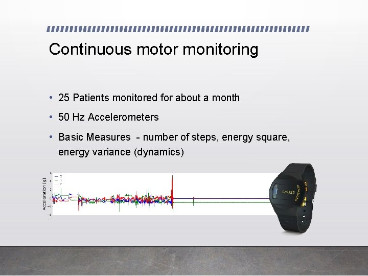 Continuous motor monitoring • 25 Patients monitored for about a month • 50 Hz