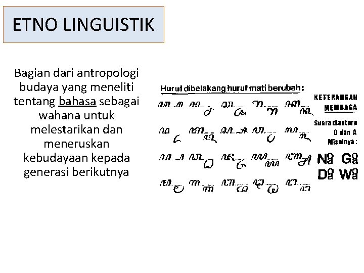 ETNO LINGUISTIK Bagian dari antropologi budaya yang meneliti tentang bahasa sebagai wahana untuk melestarikan