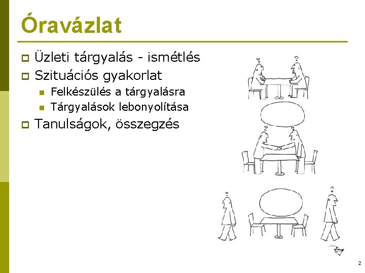 Óravázlat p p Üzleti tárgyalás - ismétlés Szituációs gyakorlat n n p Felkészülés a