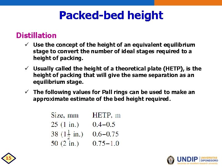 Packed-bed height Distillation ü Use the concept of the height of an equivalent equilibrium