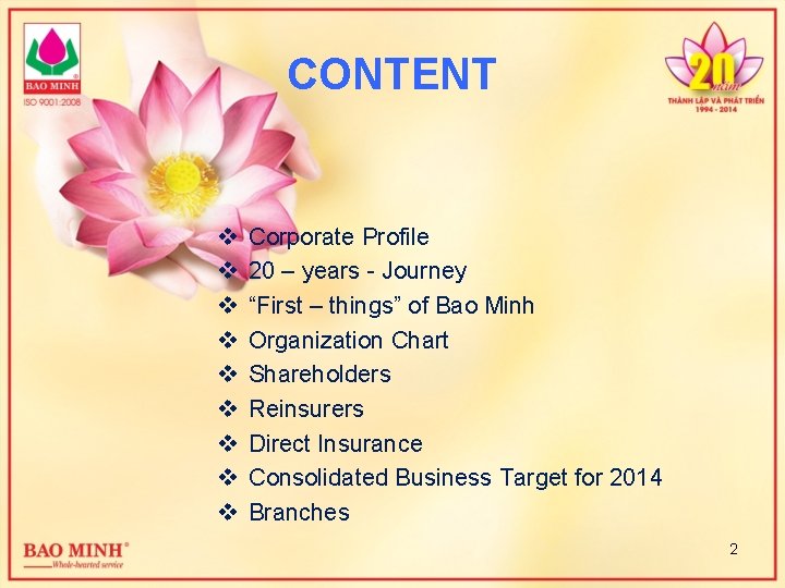 CONTENT v v v v v Corporate Profile 20 – years - Journey “First