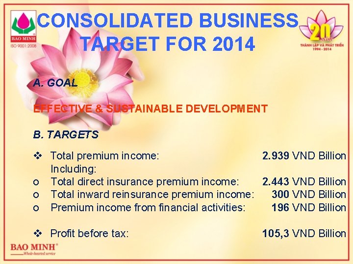 CONSOLIDATED BUSINESS TARGET FOR 2014 A. GOAL EFFECTIVE & SUSTAINABLE DEVELOPMENT B. TARGETS v