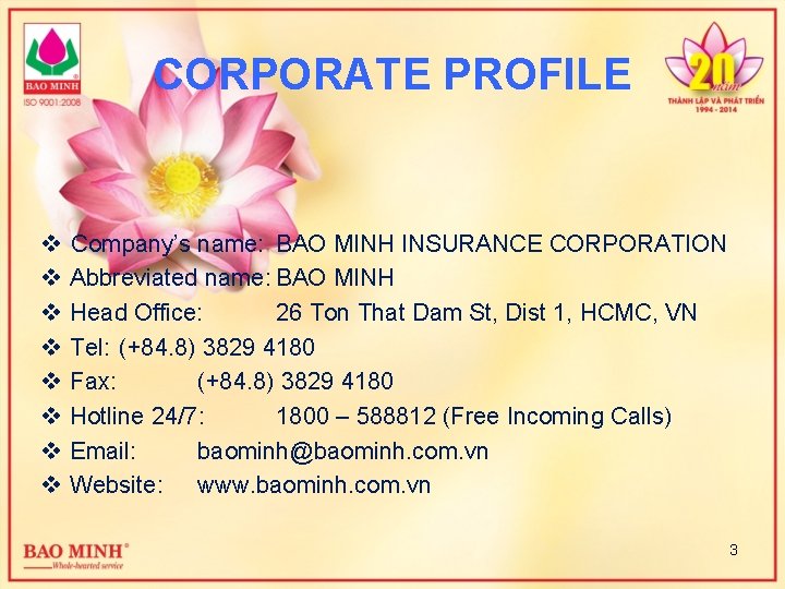 CORPORATE PROFILE v v v v Company’s name: BAO MINH INSURANCE CORPORATION Abbreviated name: