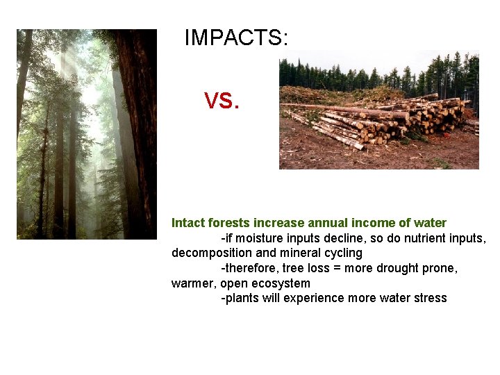 IMPACTS: VS. Intact forests increase annual income of water -if moisture inputs decline, so