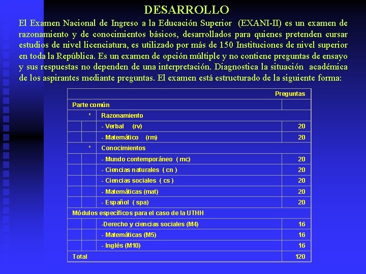 DESARROLLO El Examen Nacional de Ingreso a la Educación Superior (EXANI-II) es un examen