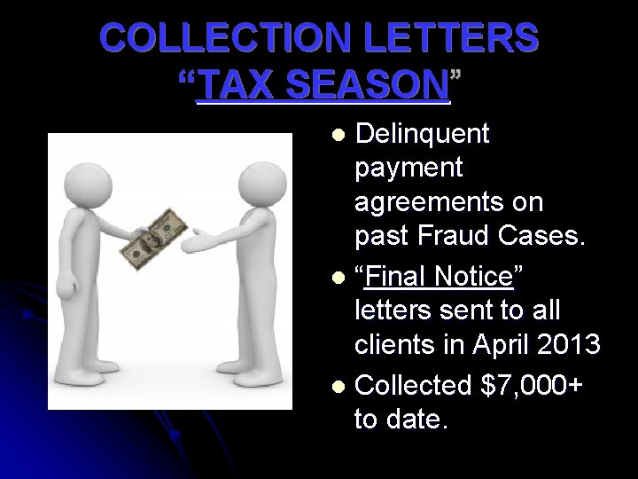 COLLECTION LETTERS “TAX SEASON” Delinquent payment agreements on past Fraud Cases. l “Final Notice”