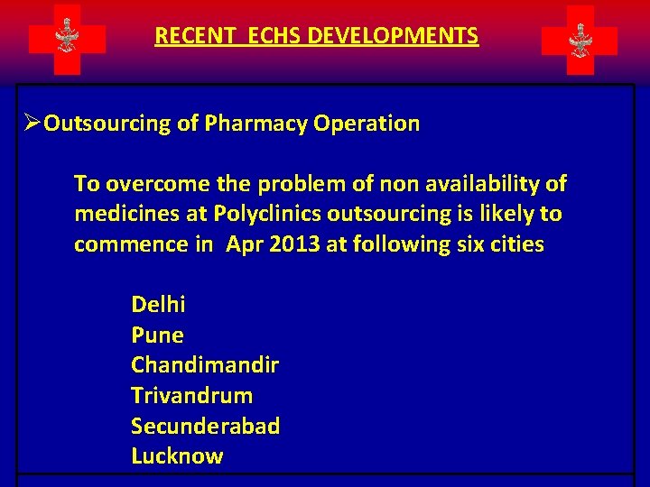 RECENT ECHS DEVELOPMENTS ØOutsourcing of Pharmacy Operation To overcome the problem of non availability