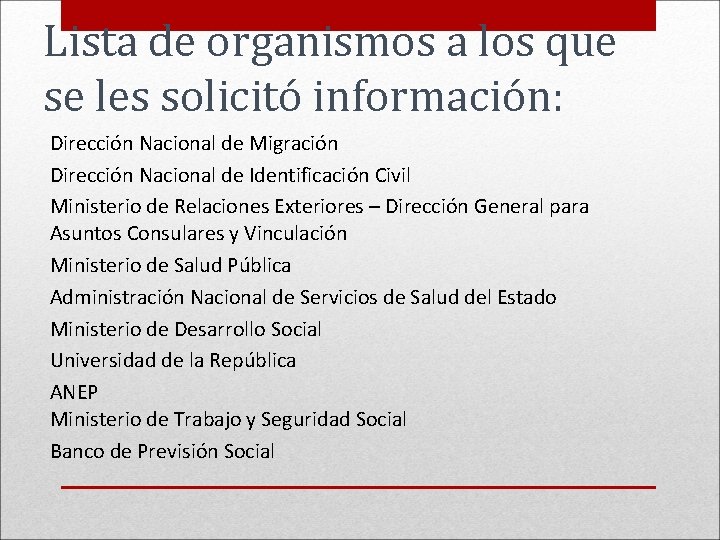 Lista de organismos a los que se les solicitó información: Dirección Nacional de Migración