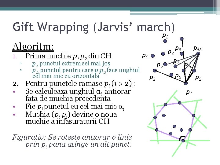 Gift Wrapping (Jarvis’ march) p 3 Algoritm: 1. ▫ ▫ Prima muchie p 1 Gift Wrapping (Jarvis’ march) p 3 Algoritm: 1. ▫ ▫ Prima muchie p 1